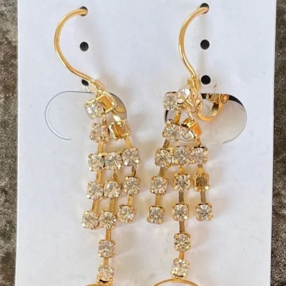 Dangling Gold-Plated Earrings w/Aqua and Clear Rhinestone Accents by Jin na la - Picture 4 of 7